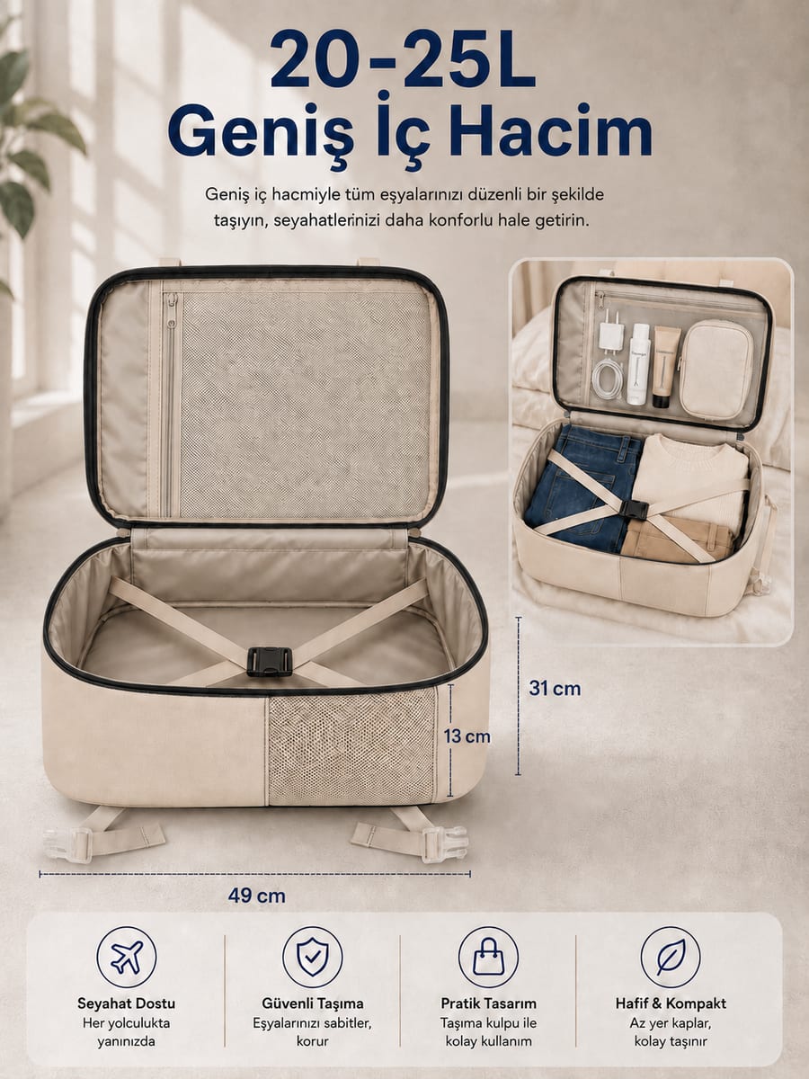 Classone XYZ Serisi TR-100B Kabin Boy , Uçak İçi , Ergonomik, Laptop Ve Tablet Bölmeli, Seyahat, Valiz, 15 -18 İnch Uyumlu Notebook, Laptop Sırt Çantası - Bej