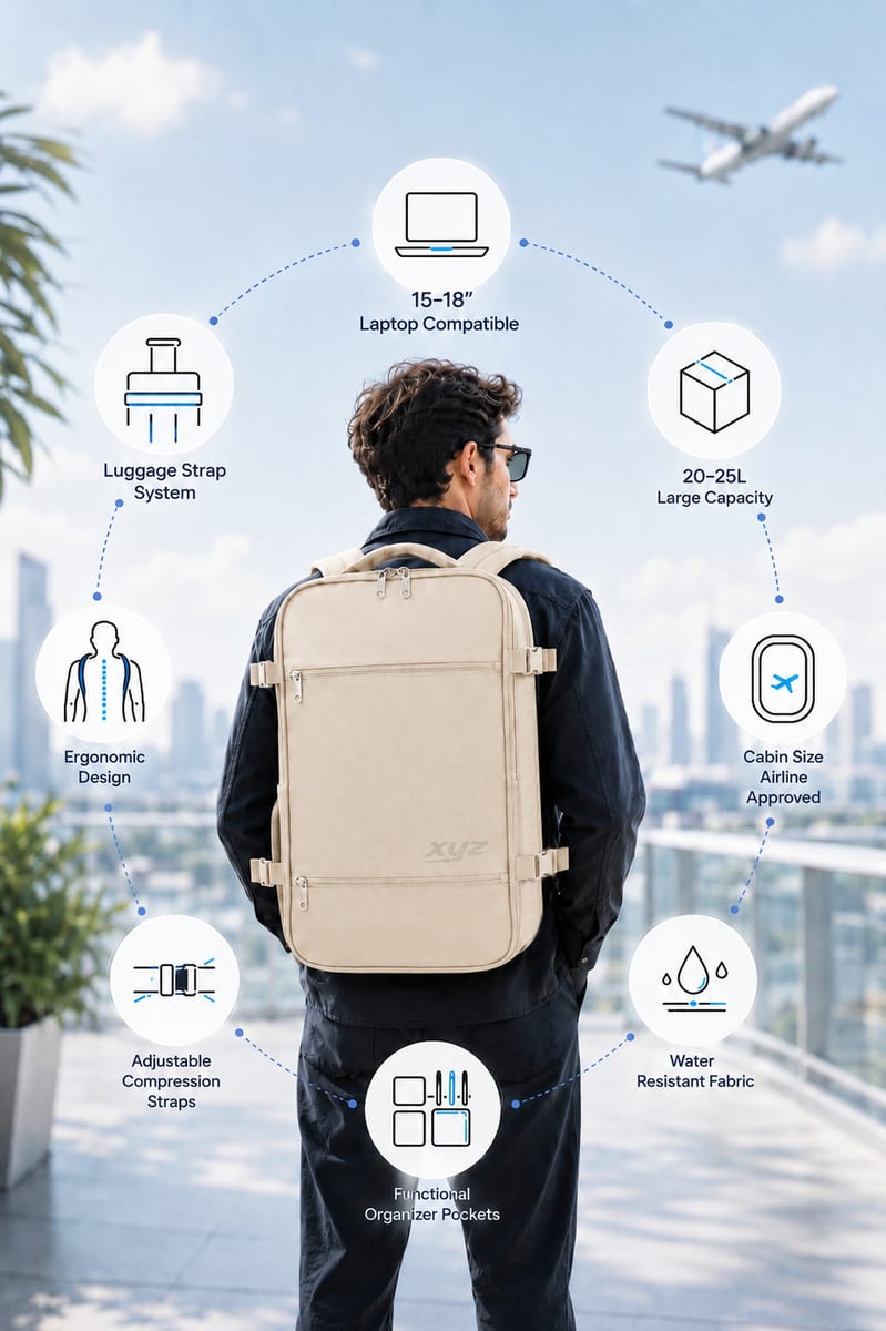 Classone XYZ Serisi TR-100B Kabin Boy , Uçak İçi , Ergonomik, Laptop Ve Tablet Bölmeli, Seyahat, Valiz, 15 -18 İnch Uyumlu Notebook, Laptop Sırt Çantası - Bej
