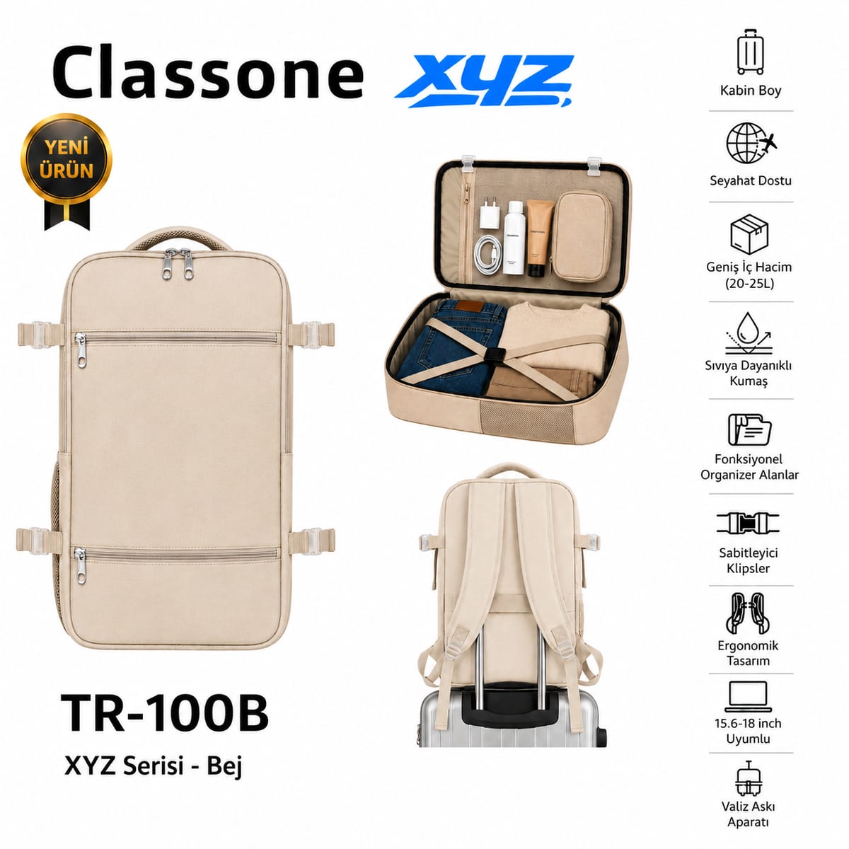 Classone XYZ Serisi TR-100B Kabin Boy , Uçak İçi , Ergonomik, Laptop Ve Tablet Bölmeli, Seyahat, Valiz, 15 -18 İnch Uyumlu Notebook, Laptop Sırt Çantası - Bej