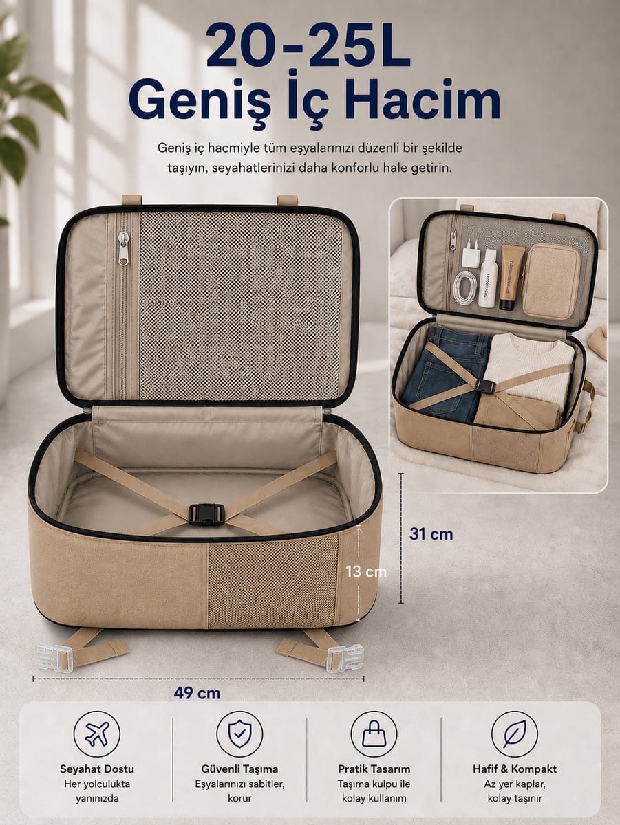 Classone XYZ Serisi TR-100C Kabin Boy , Uçak İçi , Ergonomik, Laptop Ve Tablet Bölmeli, Seyahat, Valiz, 15 -18 İnch Uyumlu Notebook, Laptop Sırt Çantası - Camel