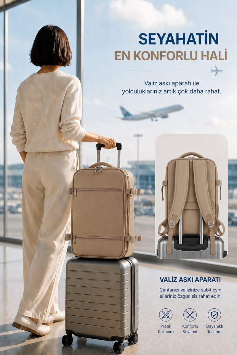 Classone XYZ Serisi TR-100C Kabin Boy , Uçak İçi , Ergonomik, Laptop Ve Tablet Bölmeli, Seyahat, Valiz, 15 -18 İnch Uyumlu Notebook, Laptop Sırt Çantası - Camel