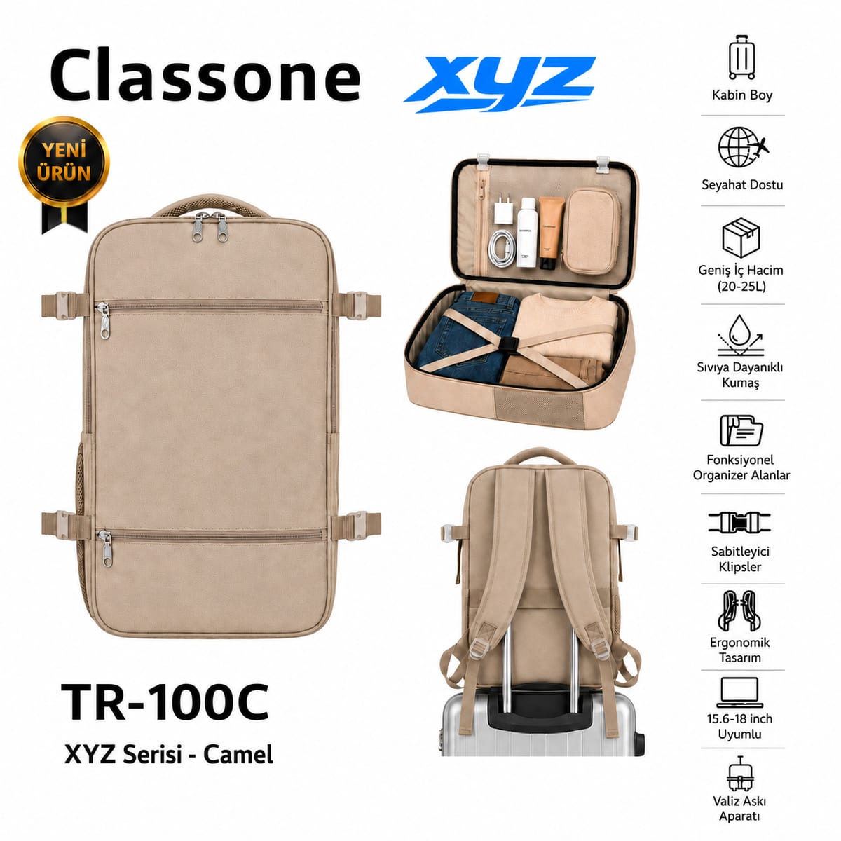 Classone XYZ Serisi TR-100C Kabin Boy , Uçak İçi , Ergonomik, Laptop Ve Tablet Bölmeli, Seyahat, Valiz, 15 -18 İnch Uyumlu Notebook, Laptop Sırt Çantası - Camel