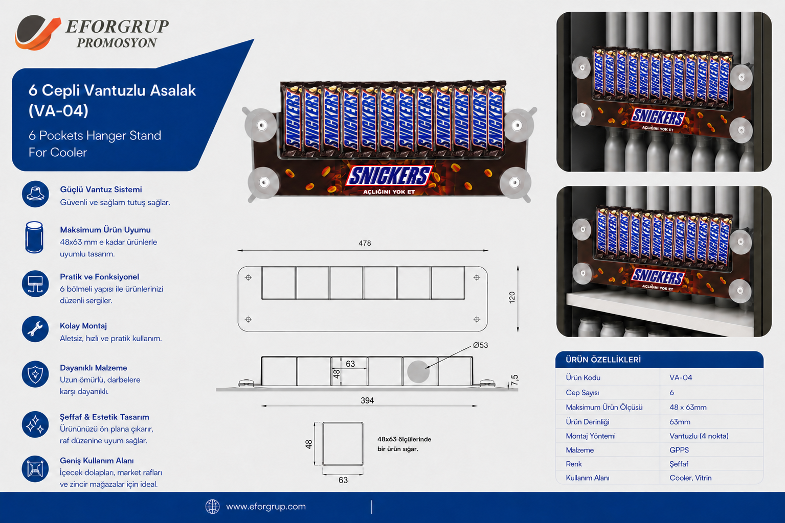 6 Cepli Vantuzlu Asalak Stand VA-04 - 48x63 mm
