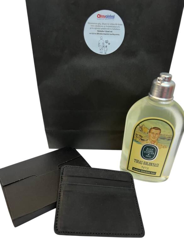 ERKEK BAKIM SETİ / KARTON ÇANTA, TIRAŞ KOLONYAĞI, DERİ KARTLIK CÜZDAN