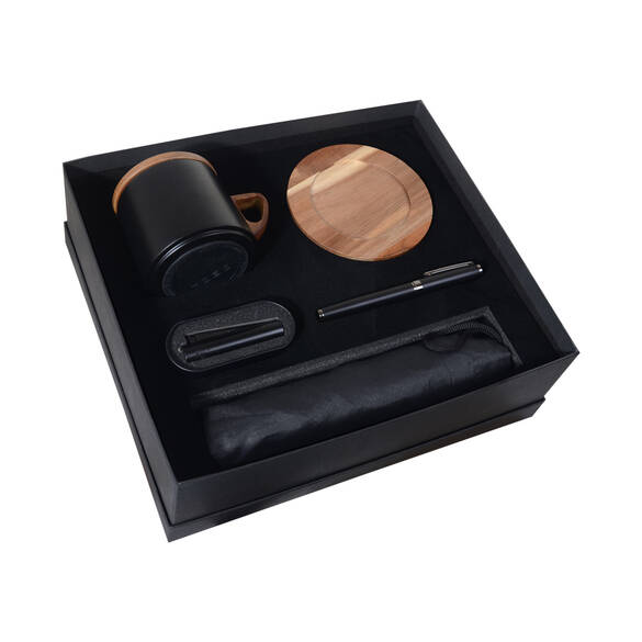 KUTULU HEDİYE SETİ (TERMOS - BARDAK ALTLIĞI- KALEM - ŞEMSİYE) SİYAH