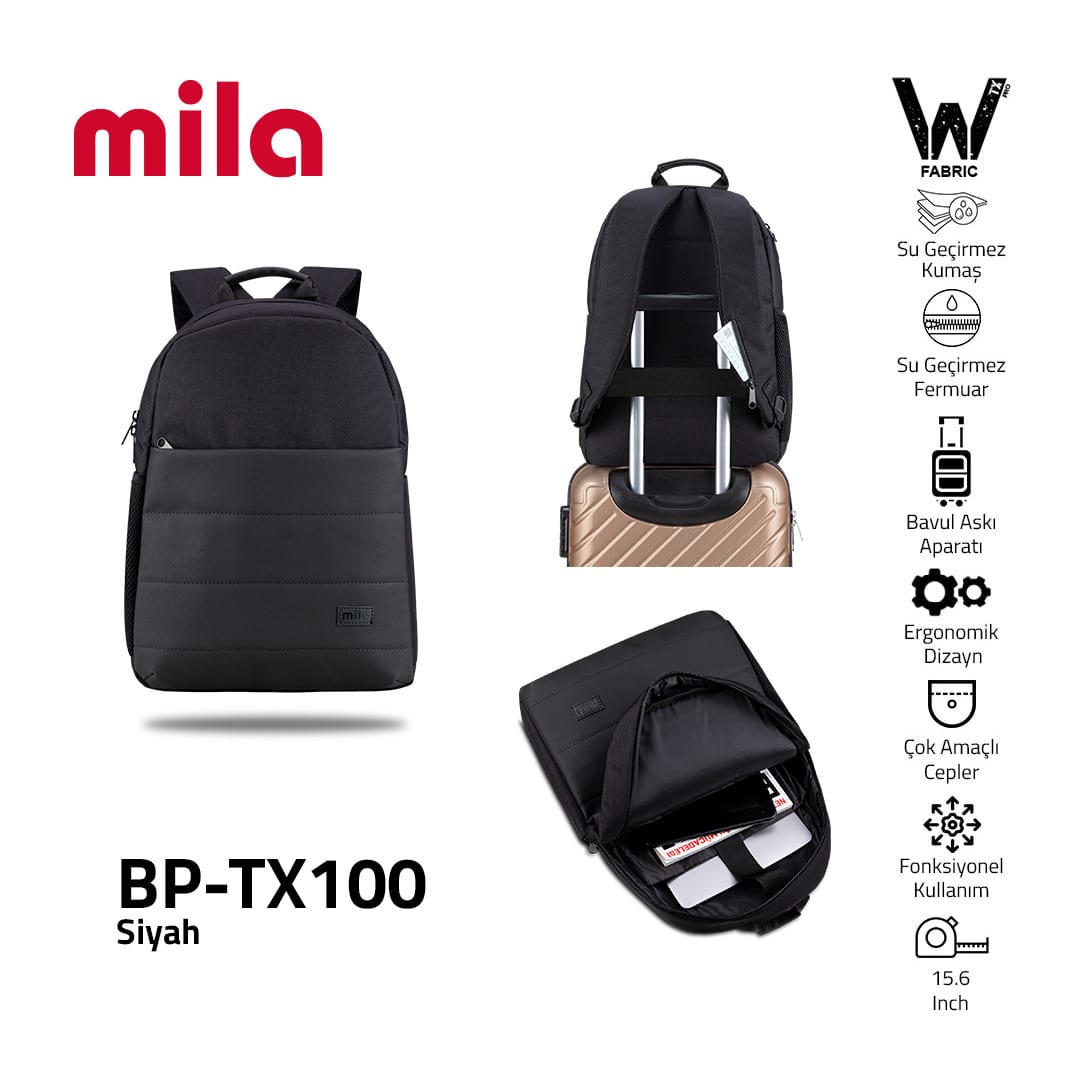 Mila BP-TX100 Serisi 15, 6 İnch , Su Geçirmez Kumaş Ve Su Geçirmez Fermuar Notebook, Laptop , Macbook Sırt Çantası -siyah