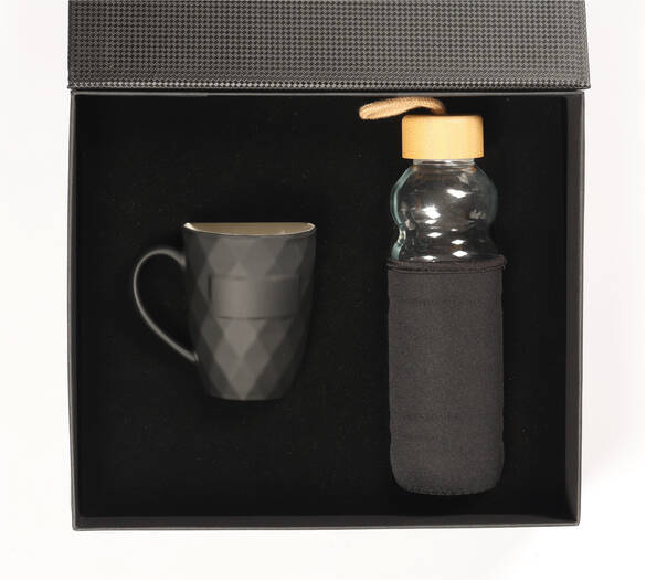 Prizma Kupa ve Bambu Kapaklı Cam Matara Seti Siyah