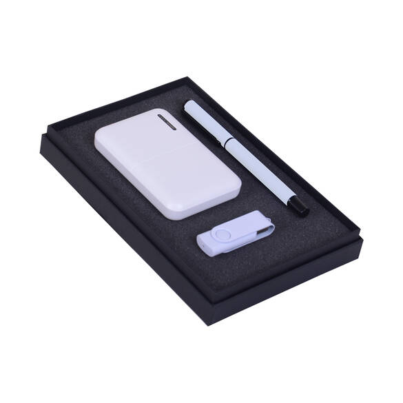 PROMOSYON KUTULU HEDİYE SETİ / POWERBANK USB BELLEK KALEM BEYAZ