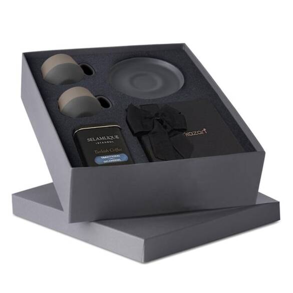 Tube 2'li Tabaklı Kahve Fincanı, Türk Kahvesi Ve Lokum Hediye Seti Siyah - Siyah & Taş